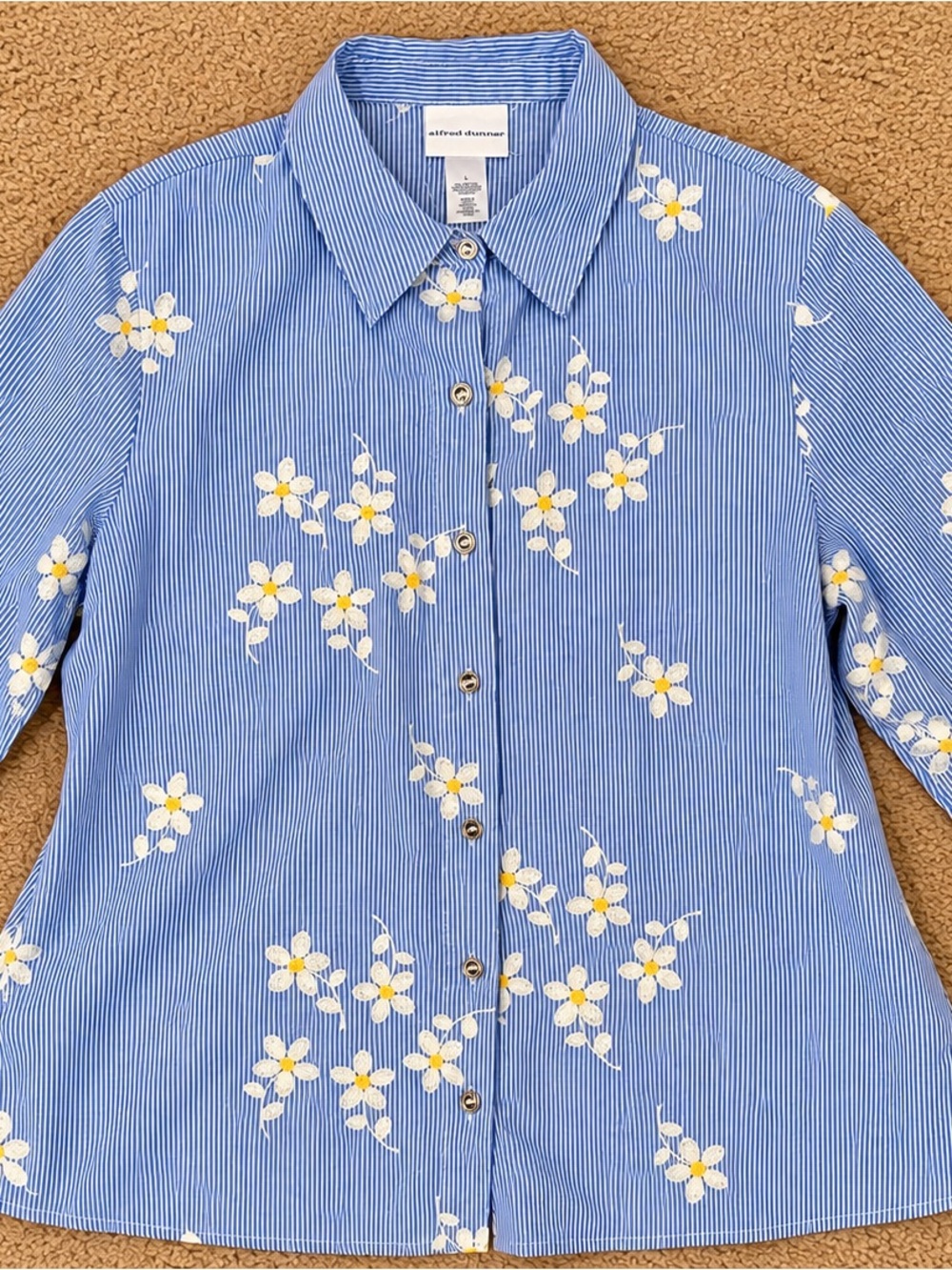 Alfred Dunner Blue Striped Floral Embroidered Blouse – Size L (Runs Small)
